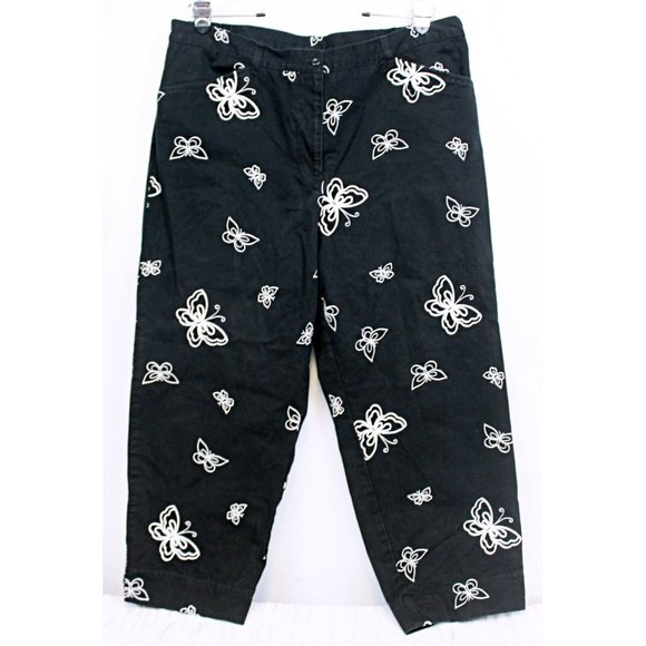 Easy spirit Woman Sz 18 Black Pants White Butterfly Embroidered Pattern All Over - Picture 1 of 7